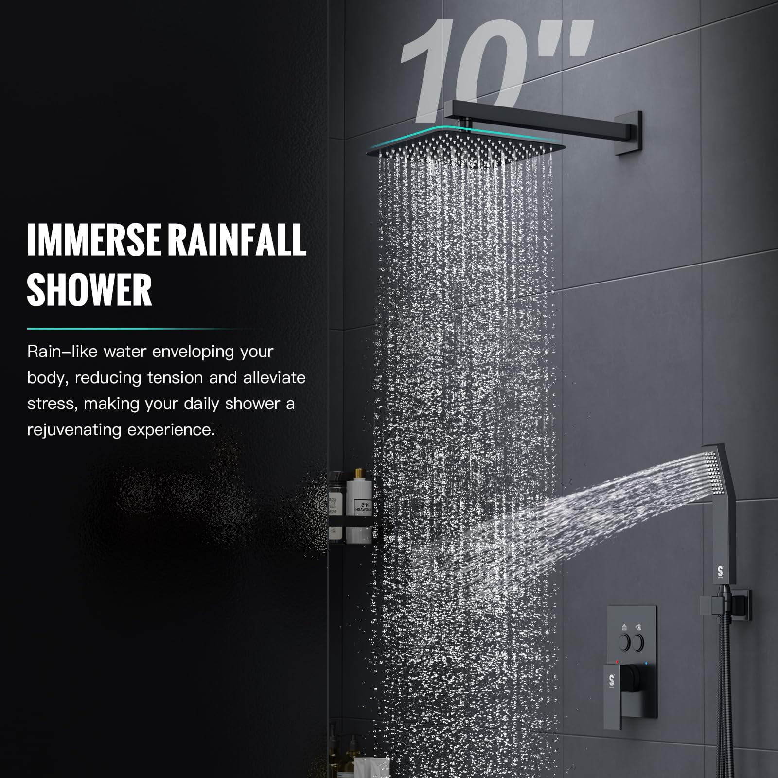 SR SUN RISE Shower System with Push Button Diverter, Wall Mounting Luxury 10 Inch Rain Shower Head with Handheld Spray, High Pressure Shower Faucet Combo Set with Rough-in Valve, Matte Black