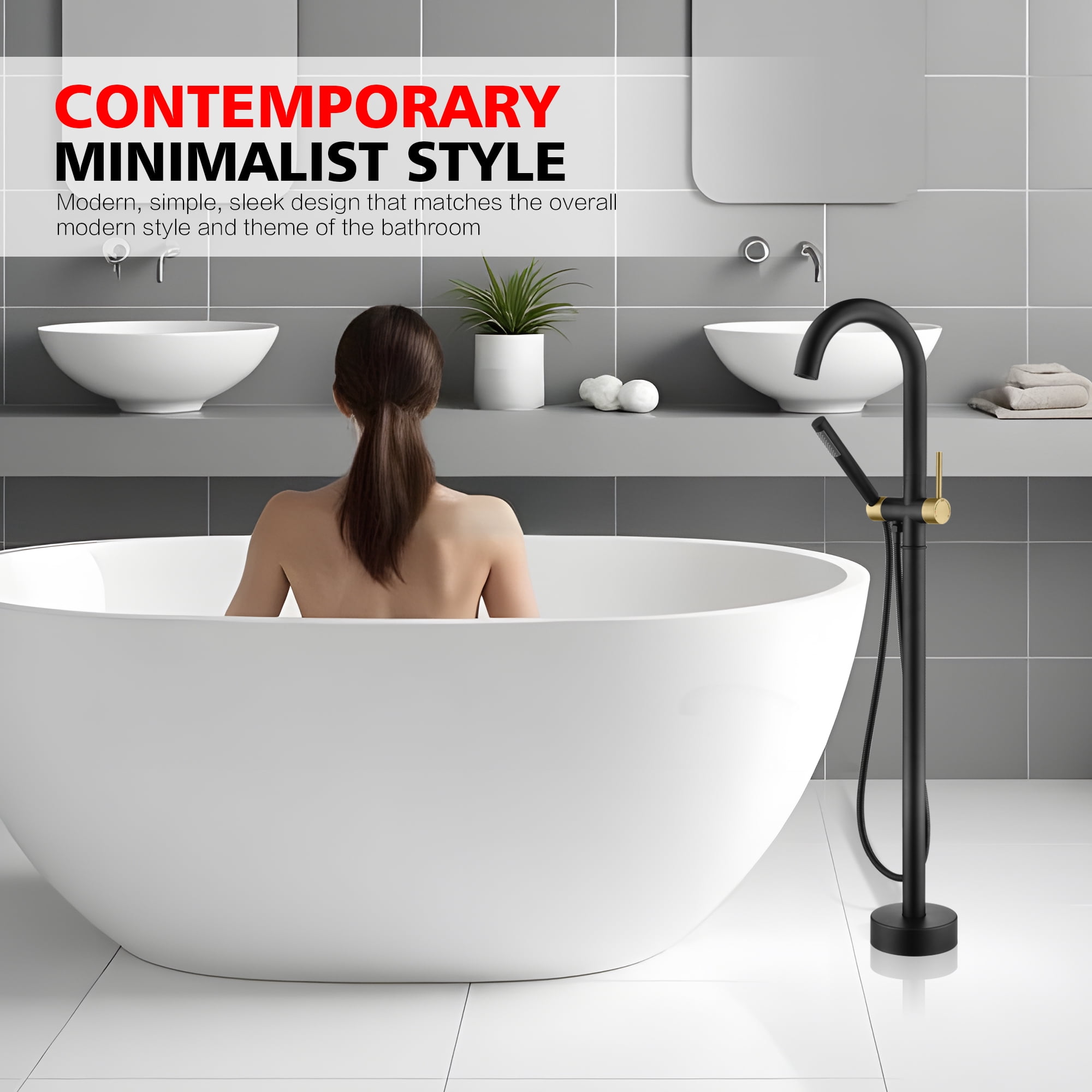 sumerain Floor Mounted Tub Faucet with Handheld, High Flow Freestanding Bathtub Faucet with Swivel Spout Black and Gold