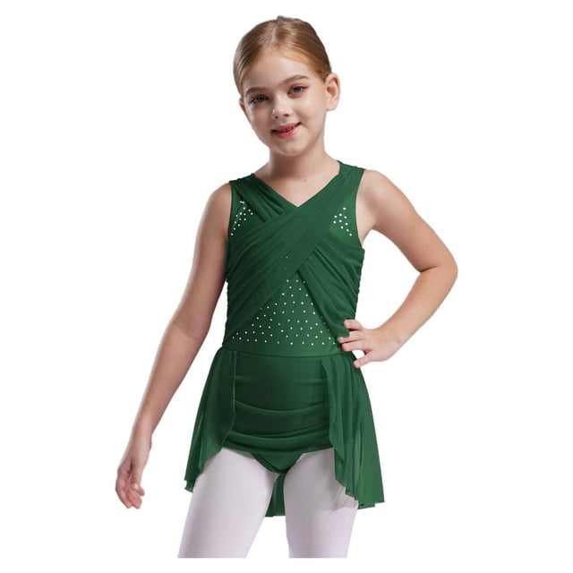 Raenseen Justaucorps de Patinage en Strass pour Filles Robe de Danse Ballet Lyrique Découpe Dos Costume de Performance Vert 12