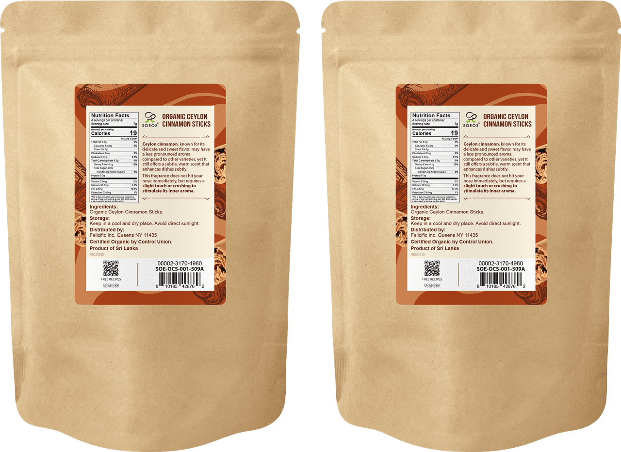 Soeos Organic Ceylon Cinnamon Sticks, 1oz, (28g), 2 Pack