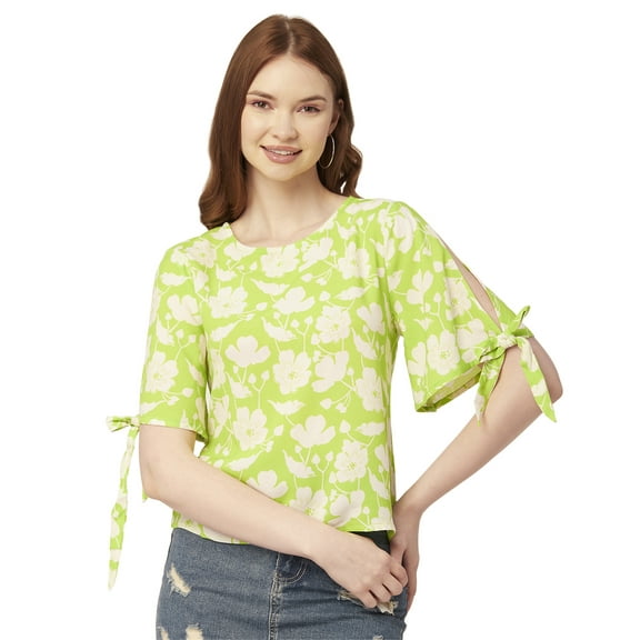 Moomaya WomenS Printed Round Neck Top, Tie-Up Cold Shoulder Top