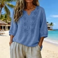 thumbnail image 3 of Wutalume Women's 3/4 Sleeve Linen Top - Casual V-Neck Button Down Shirt in Solid Color, 3/4 Sleeve Blouses for Women, Womens Summer Tops Breathable,Blue XL, 3 of 4