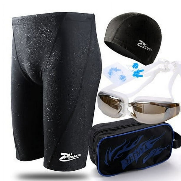 Bañador de hombre de cinco puntos, de secado rápido, impermeable, bañador de hombre de talla grande de piel de tiburón, gorro de baño para hombre, gafas de natación, conjunto de equipo
