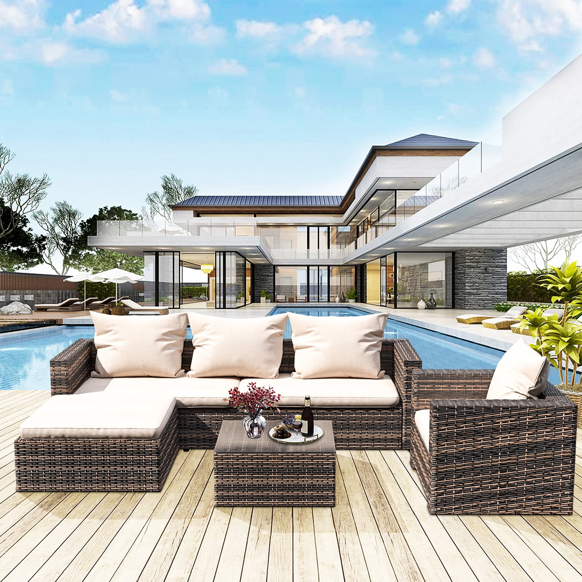 Rattan Patio Sofa Set, 4 Pieces Outdoor Sectional Furniture Set, All-Weather PE Rattan Wicker Patio Conversation Set, Cushioned Sofa Set with Glass Table for Patio Garden Poolside Deck