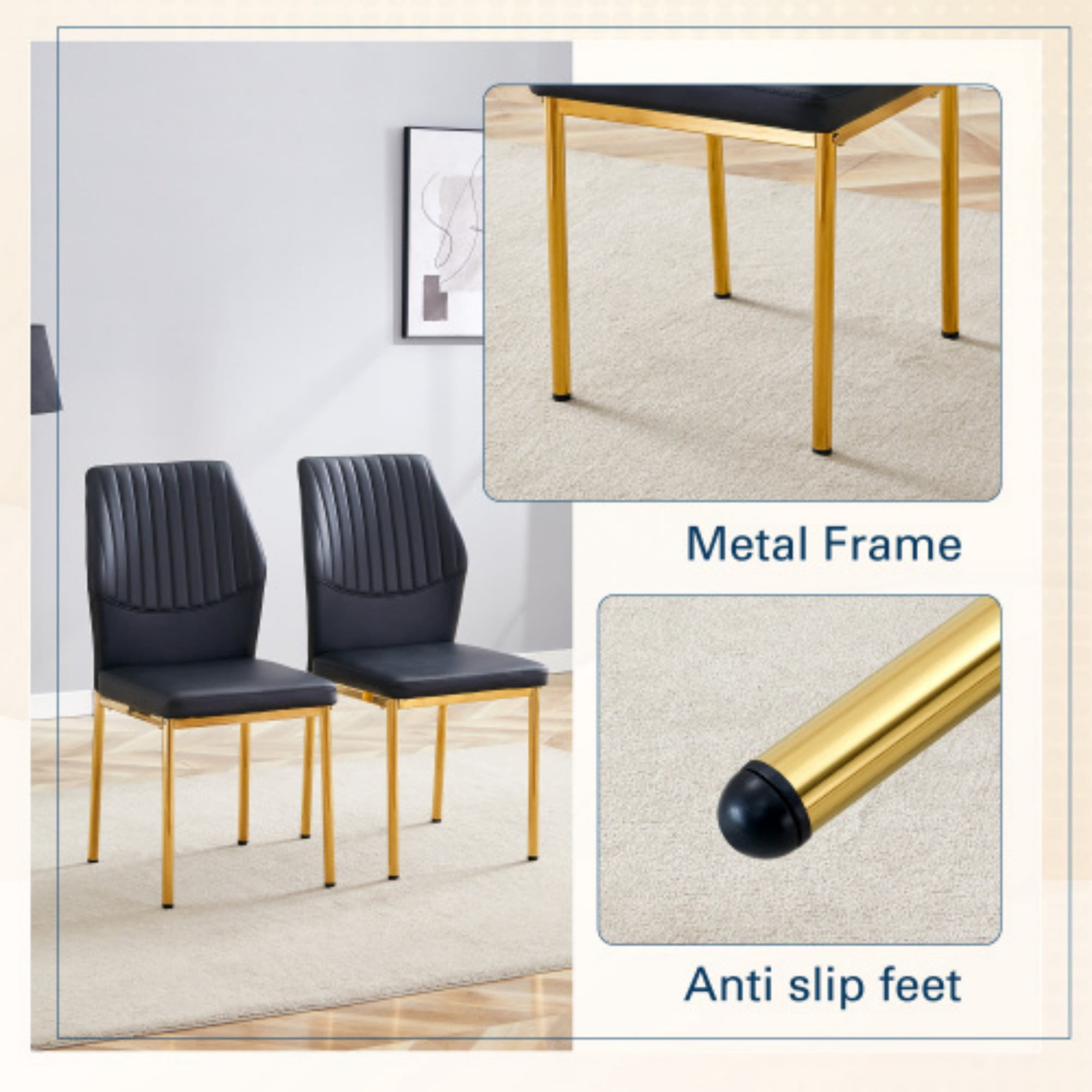 SUDICA Black Dining Chairs Set of 6， Modern Dining Room Chairs Set of 6, Kitchen Faux Leather Upholstered Chairs with Gold Mental Legs