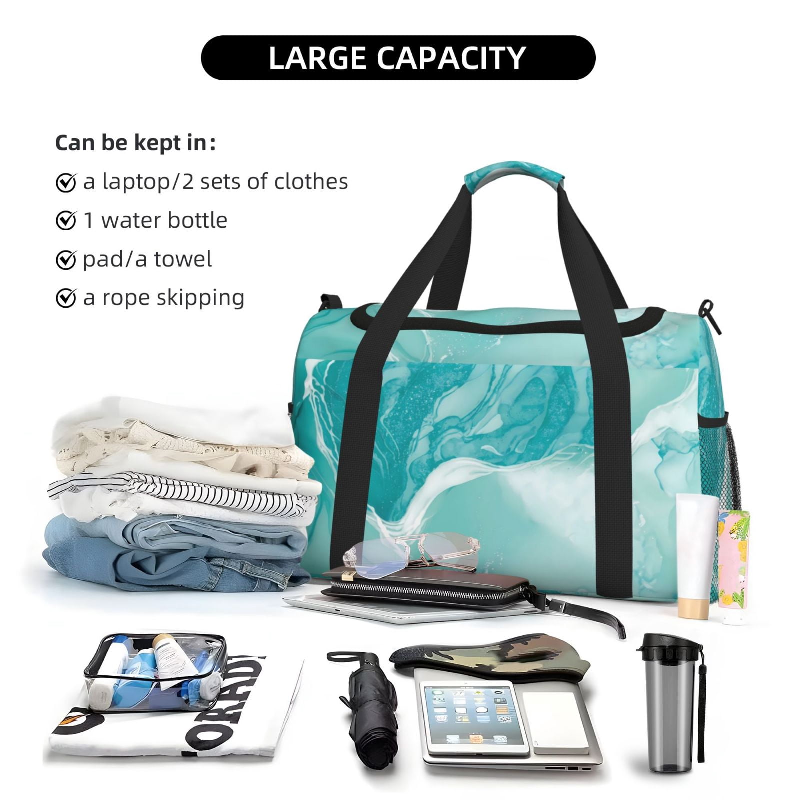 Kuqiui Teal Turquoise 1 Print Foldable Travel Duffel Bag Tote Carry on Luggage Bag Personal item Sports Gym Bag Water Resistant Weekender Overnight Bags for Women and Men
