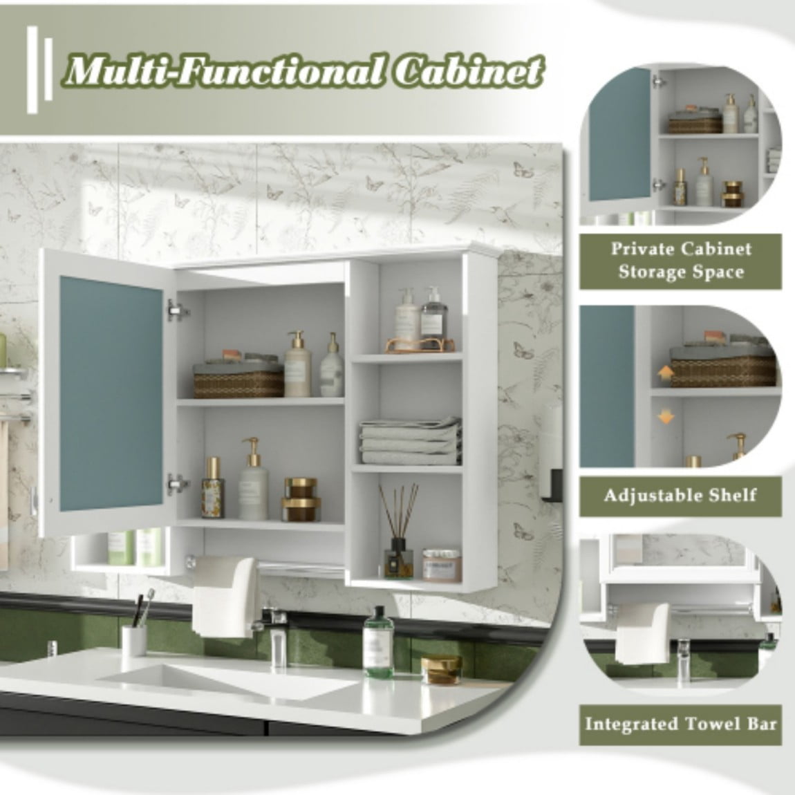 41" Bathroom Mirror Cabinet, 3-in-1 Wall Mounted Medicine Cabinet with Adjustable Shelf, Soft Close Door, High Definition Mirror & Towel Bar for Bathroom Vanity, White