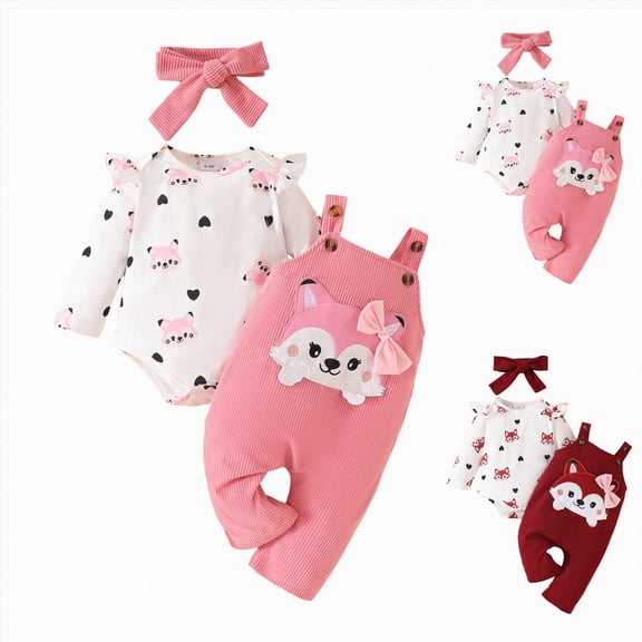Splozh Baby Girl Clothes Winter 3 6 9 12 18 Months Newborn Baby Girls Fall Outfits Ruffle Long Sleeve Romper Cute Suspender Pants with Headband,Pink,3-6 Months