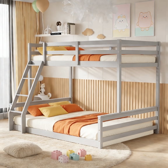 Guqiart Twin Over Full Low Floor Bunk Bed, Wooden Kids Bunk Bed with Ladder & Full Guardrails, Low Bunk Bed for Boys, Girls & Juniors Bedroom