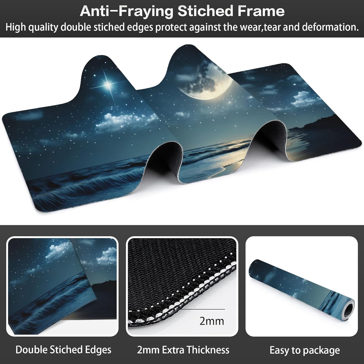 Desk Mat, Moon and Stars Above The Sea Extended Large Gaming Mouse Pad for Desk XXL, Non-Slip Rubber Base Stitched Edges Long Computer Keyboard Desk Pad Mouse Mat for Home Office Gaming 35.4"X15.7"