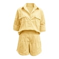 thumbnail image 4 of Tracksuit for Women Set Womens Oversized Linen Outfits Long Sleeve Button Shirt High-Waist Shorts Set Summer Beach Vacation Wear Yellow 3XL, 4 of 5