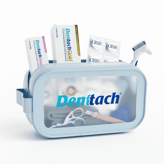 Denttach Complete Denture Care Kit  9 in  1 Includes Denttach Seven 7-Day Thermoplastic Adhesive,  Gold Olive Oil Adhesive, Denttach Clean Sheet, Denture Brush, Case, Tools & Travel Bag