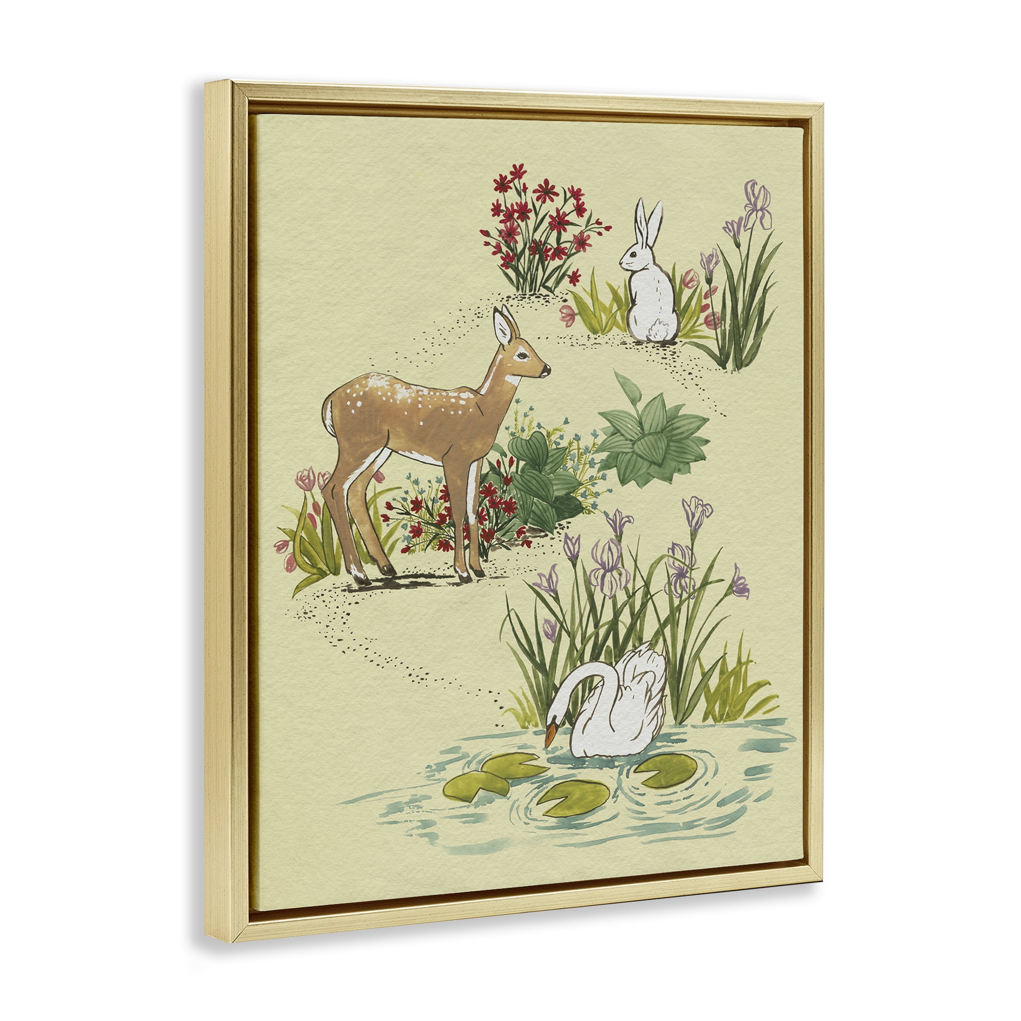 Stupell Industries Peaceful Spring Animals Gold Framed Floater Canvas Wall Art, design by Grace Popp