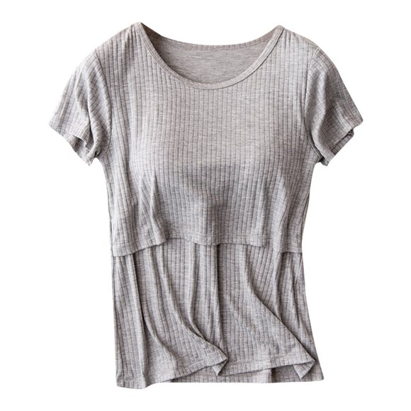 Cotton Nursing Tops Womens Breastfeeding Summer Short Sleeve Rib Maternity T Shirts Crew Neck Pregnancy Clothes (XX-Large, Gray)