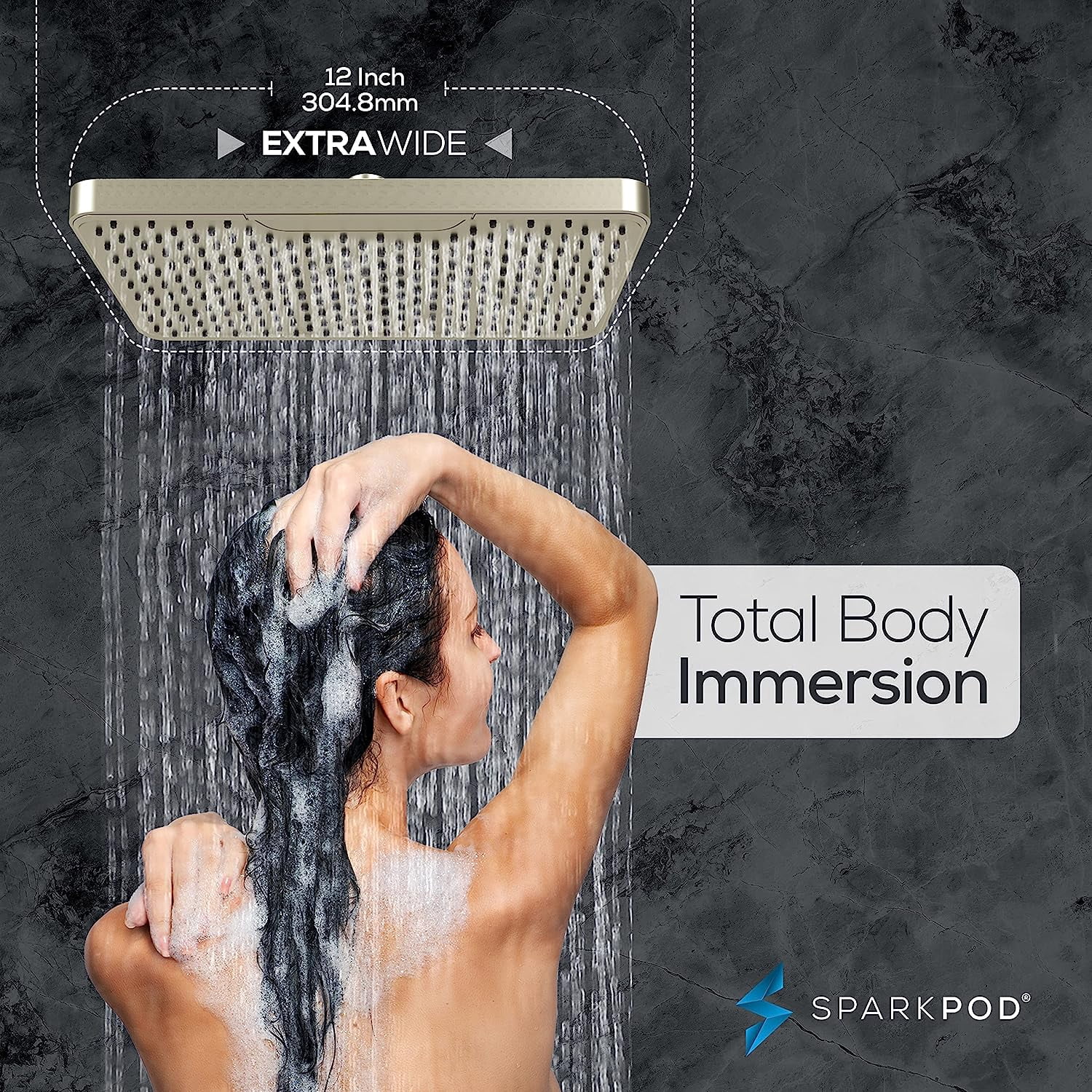 SparkPod 12" Rainfall Shower Head - Wall/Ceiling Mount - High Pressure, Anti-Clog, Easy Install (Bursehd Nickel)