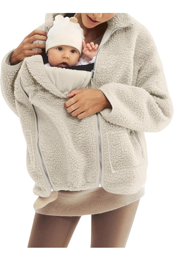 Maternity Baby Wearing Jacket, Women's 2-in-1 Winter Coat with Kangaroo Pocket, Heavyweight Fleece Zip Up Front for Mother and Infant