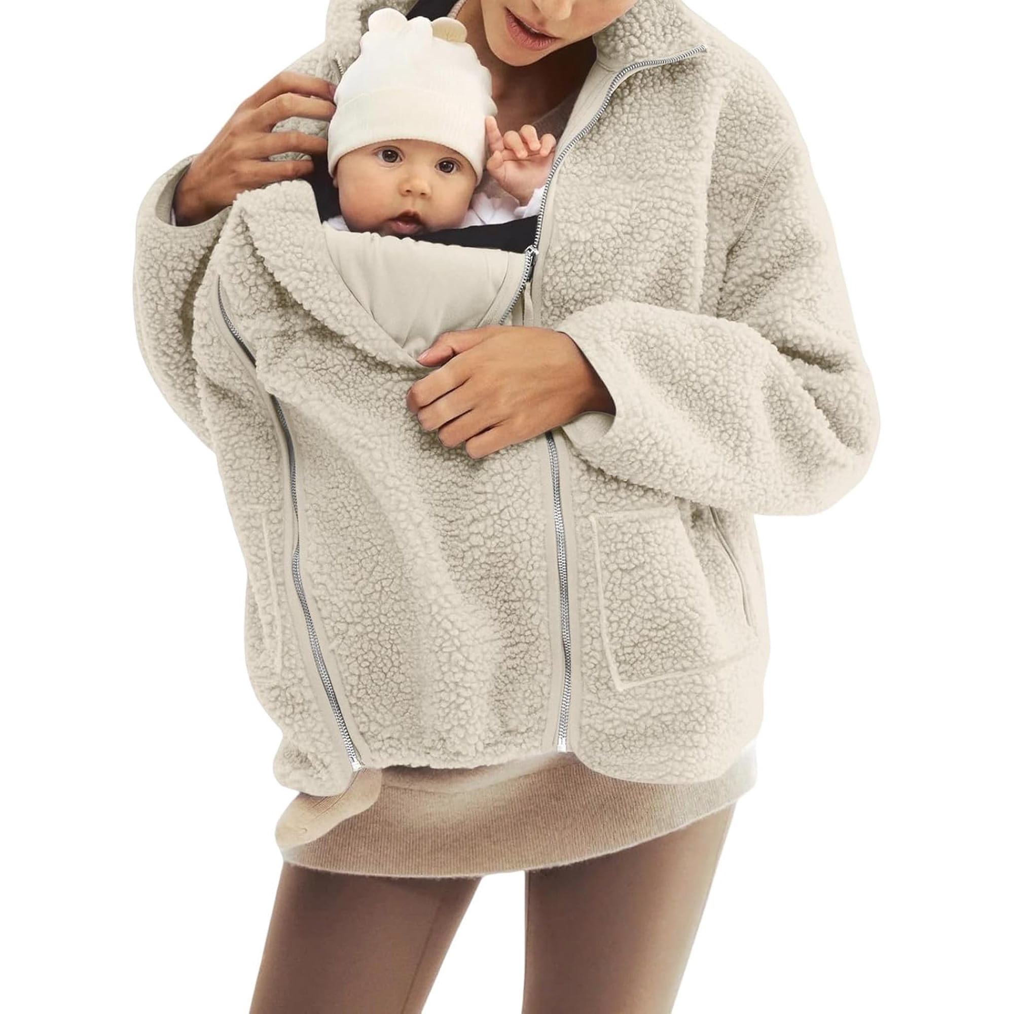 Maternity Baby Wearing Jacket, Women's 2-in-1 Winter Coat with Kangaroo Pocket, Heavyweight Fleece Zip Up Front for Mother and Infant