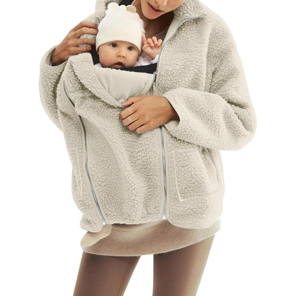 Women's Fleece Zip Up 2-in-1 Baby Wearing Jacket, Maternity Winter Coat with Kangaroo Pocket, Thick Warm Baby Wearing Clothes for Mothers, Postpartum Winter Jacket