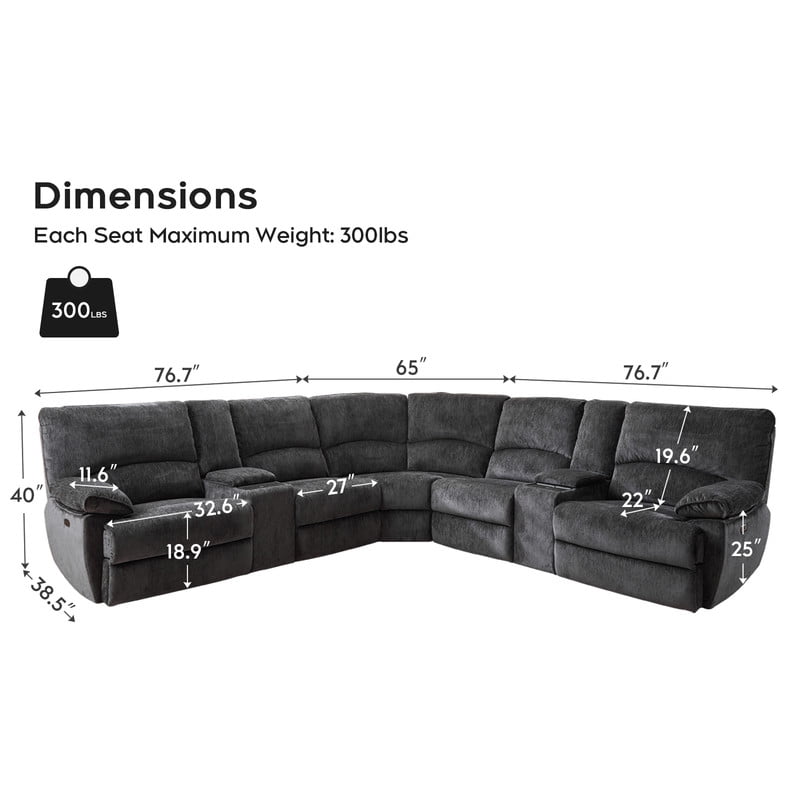 Oversized Power Recliner Sectional Sofa with Wireless Charger USB/Type-C Port,Storage Consloe,Chenille Electric Large Reclining Corner Couch,for Living Room 32.6" Seat Width for Big Man,Gray