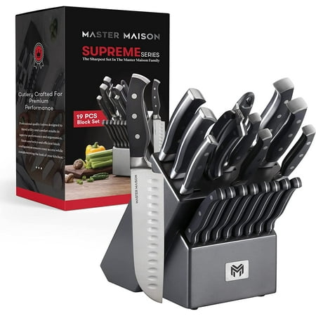 

15-Piece Premium Kitchen Knife Set With Block | Master Maison German Stainless Steel Knives With Knife Sharpener & 6 Steak Knives (Walnut)