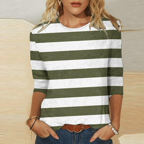 Elvqul Womens T-Shirts Soft Crew Neck 3/4 Sleeve Pullover Striped Army Green Tops Juniors T-Shirts