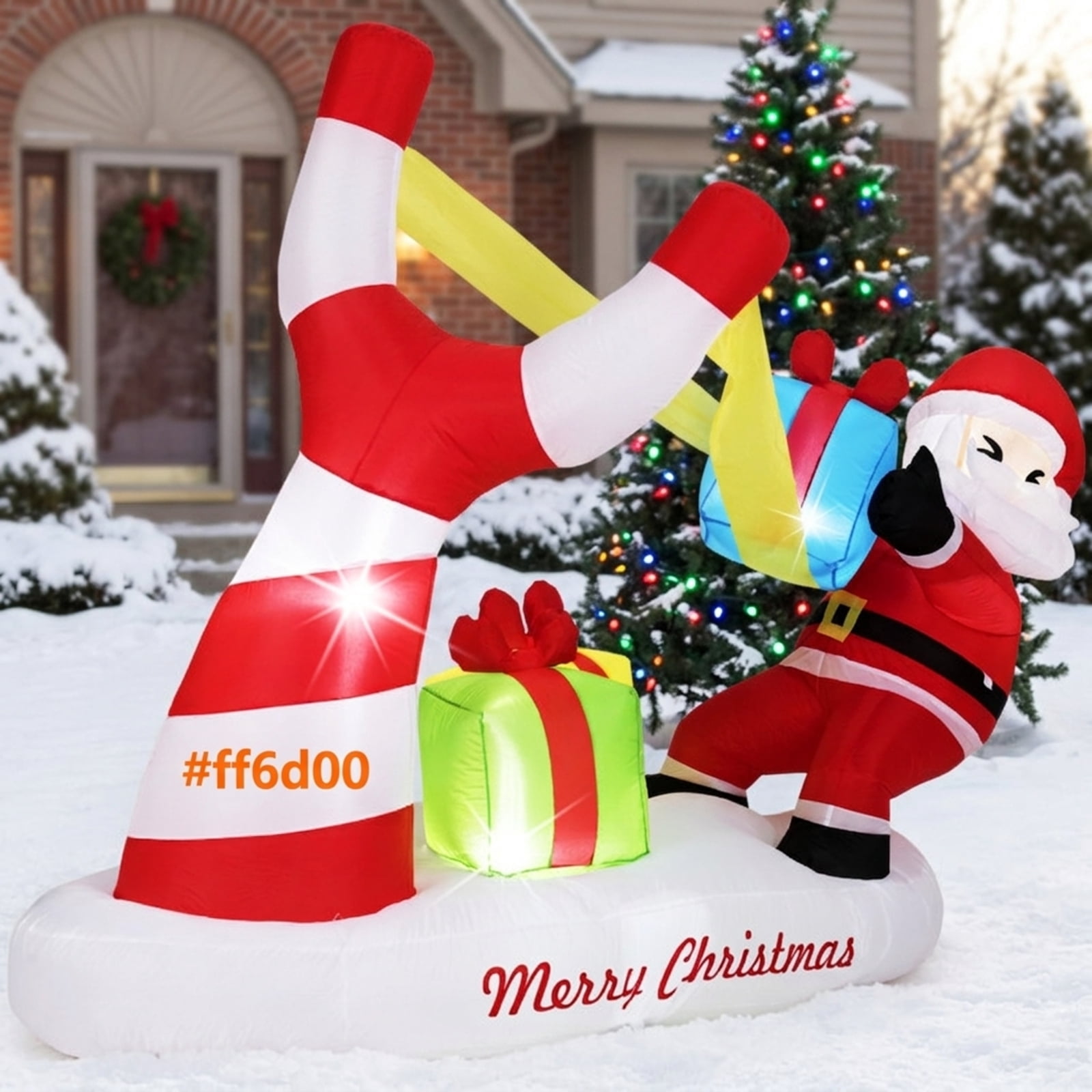 RUIE 7 FT Christmas Inflatables Santa with Slingshot, Blow Up Santa with Gift Boxes and LED Lights, Outdoor Yard Decor for Lawn Garden - Multicolor