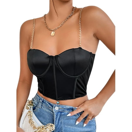 

KelaJuan Women s Satin Crop Cami Tops Sleeveless Chain Spaghetti Strap Solid Color Slim Fit Bustier Camisole