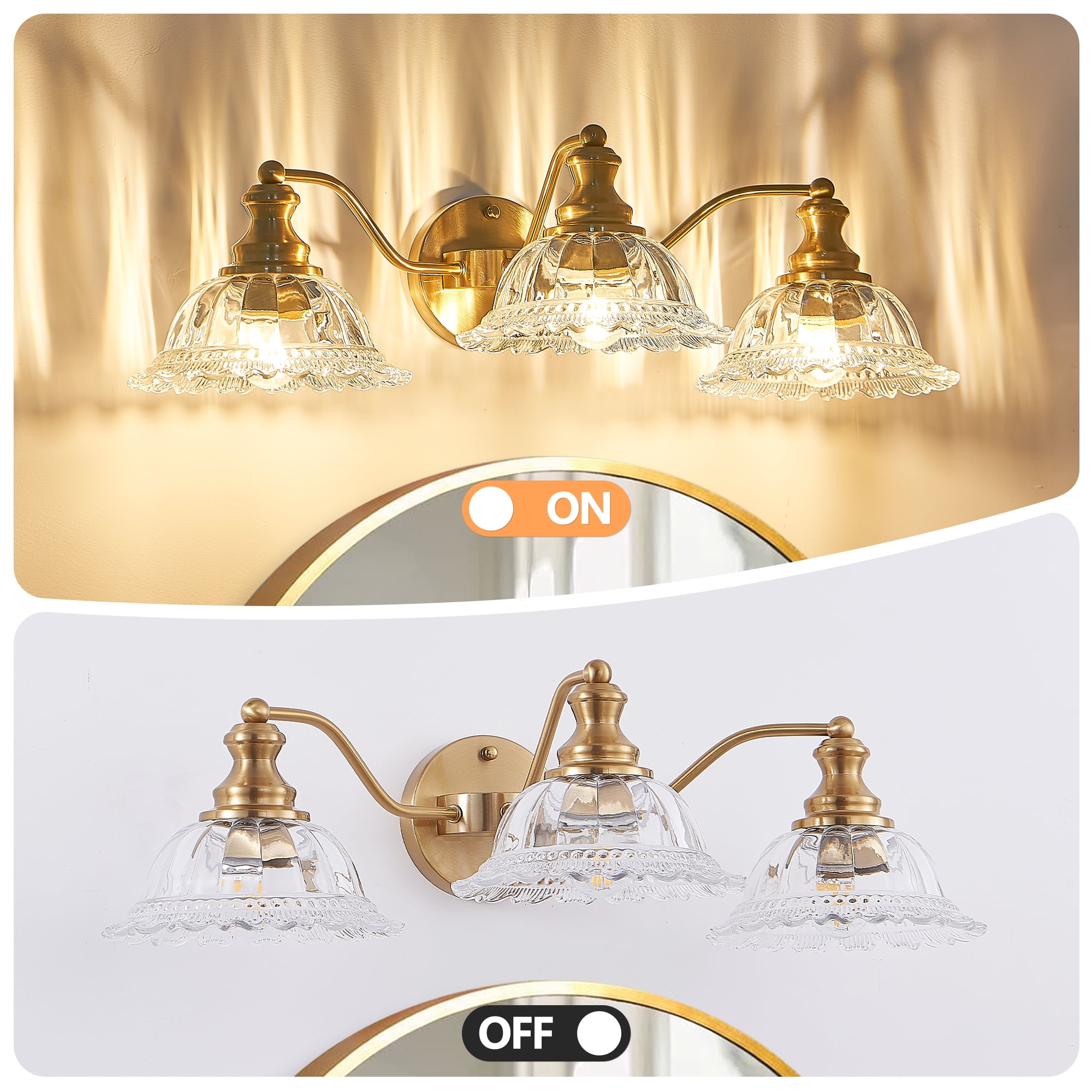 Jopath 24" 3-Light Vintage Bathroom Wall Sconce,Golden Metal and Glass Lampshade Vanity Light Fixture for Bathroom Hallway Bedroom (Bulb Not Included)