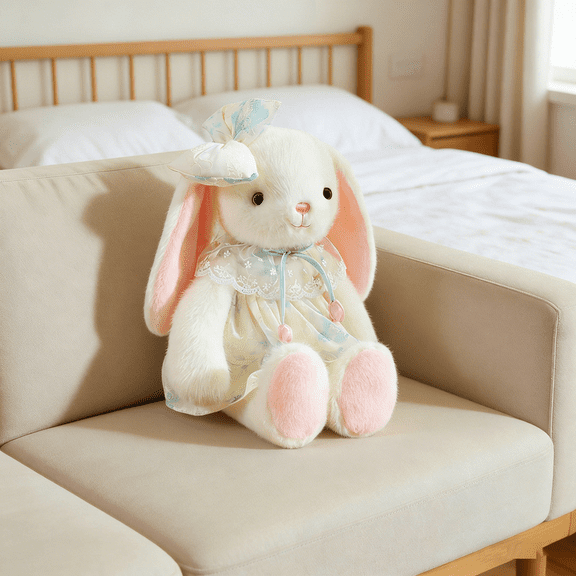 Plush Rabbit Stuffed Animal with Lace Dress and Bow Tie Decoration for Graduation Gifts and Bedroom Aesthetic Decor, White 11 Inch