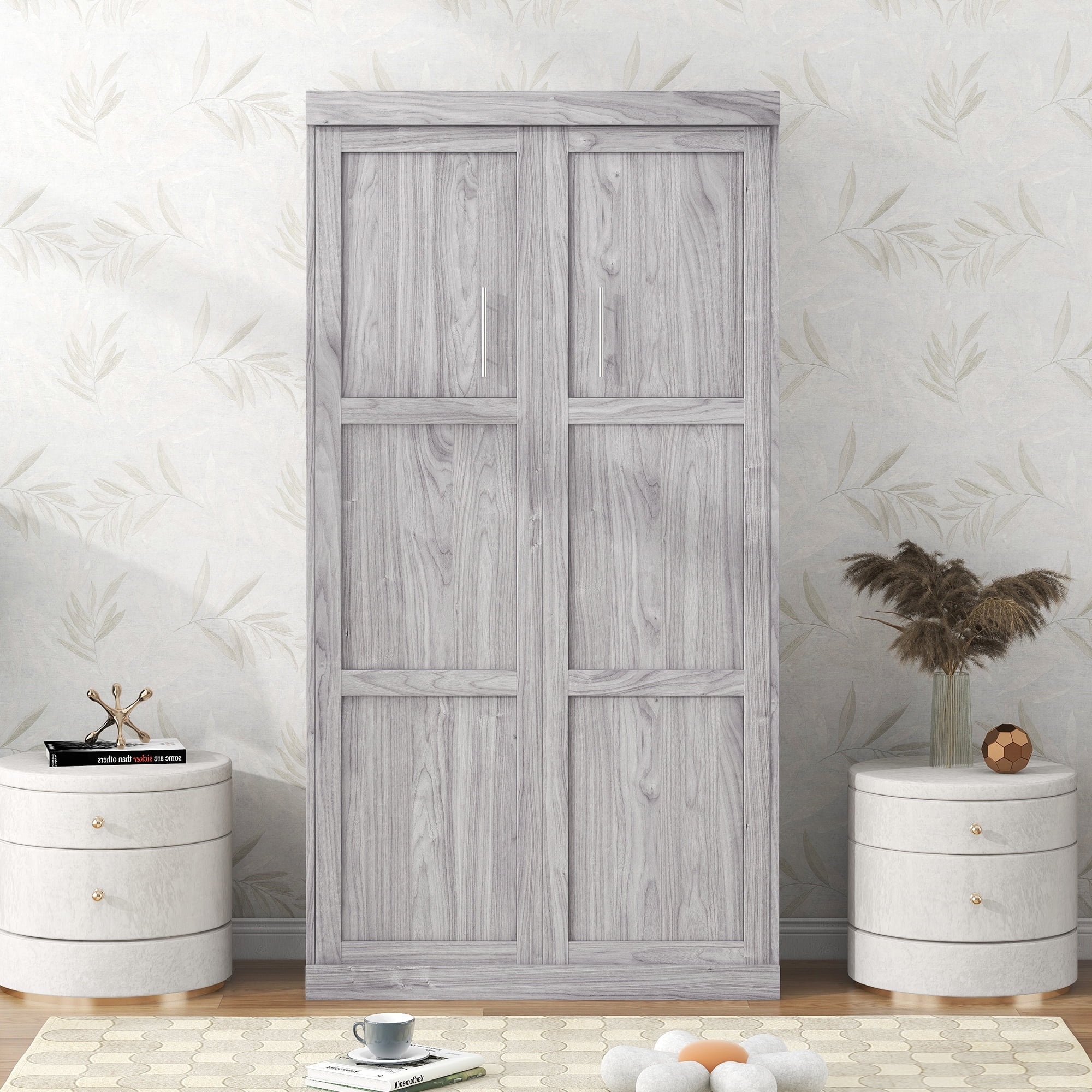Euroco Pine Wood Twin Size Murphy Bed, Convertible Wall Bed into A Cabinet for Kids Teens, Gray