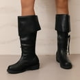 thumbnail image 2 of Wide Calf Knee High Boots Women Pull on Fold Over Leather Tall Riding Booties Round Toe Strappy Fall Winter Long Boots, 2 of 7