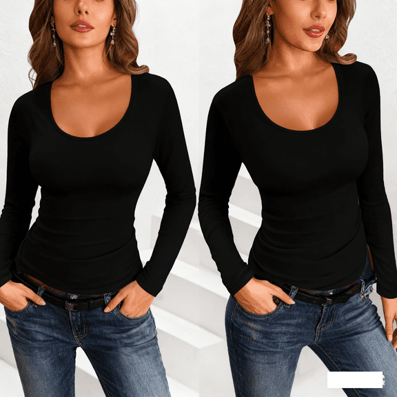 Maean 2 Pack Women's Long Sleeve Shirts Basic Tight Tee Plain Slim Tops Layer Soft Undershirts