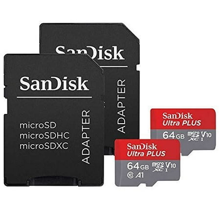 SanDisk Ultra Plus 64GB microSDXC UHS-I Card with SD Adapter, Grey/Red, Full HD up to 100 MB/S For Android Phone , Tables and Camera ( 2 Pack of 64 GB Micro SD-