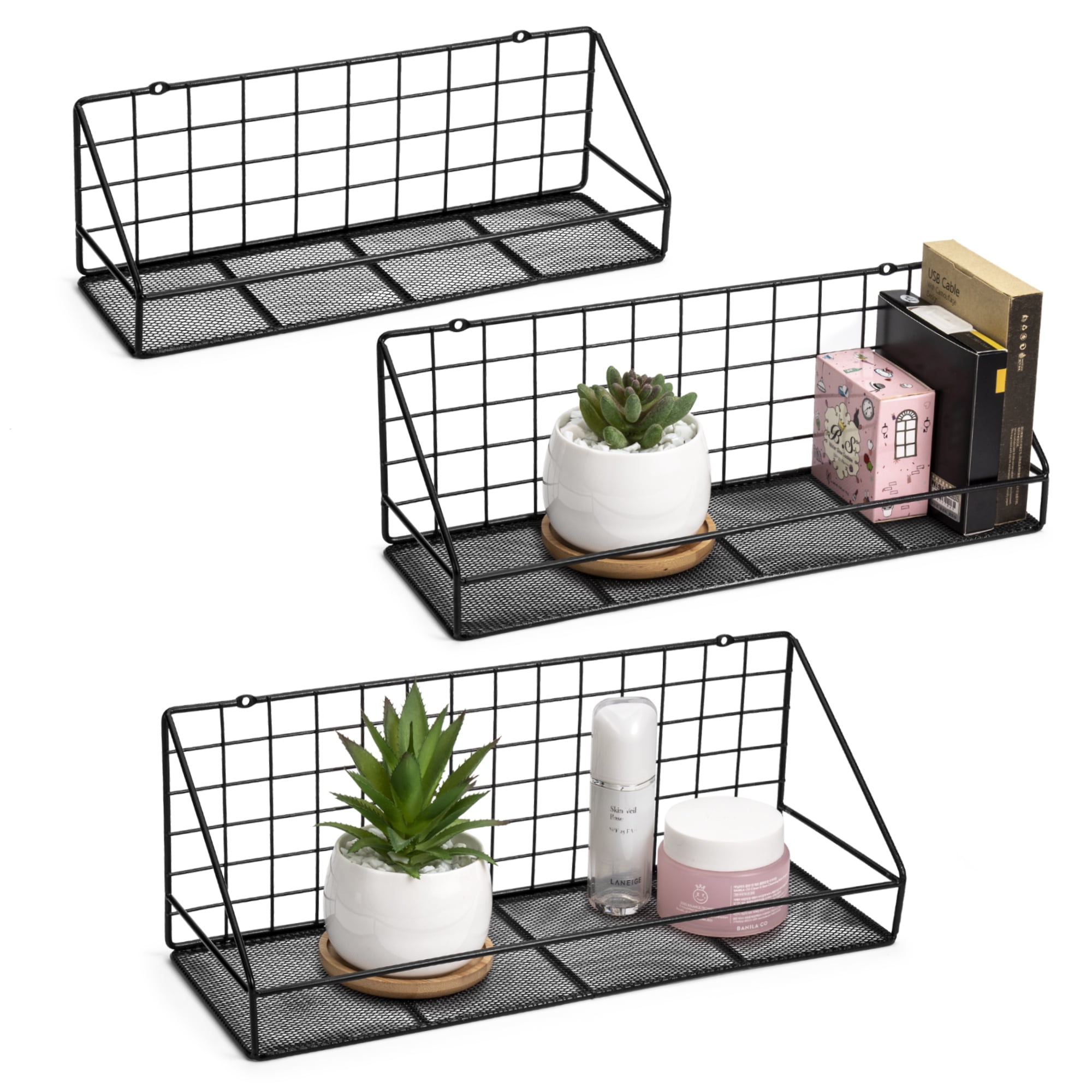 Mimifly Floating Shelves Wall Mounted Set of 3, Wall Storage Shelves for Bedroom, Living Room, Bathroom, Kitchen, Office and More - Carbonized Black