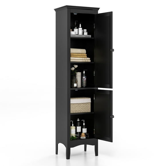 Topbuy Freestanding Bathroom Storage Cabinet Tall Narrow Storage Cabinet with 1 Adjustable Shelf 1 Drawer and 2 Doors Black