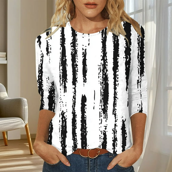 Cutuoiiu Women's Fashion Printed 3/4 Sleeve T-shirts Loose Crew Neck Tops Gifts