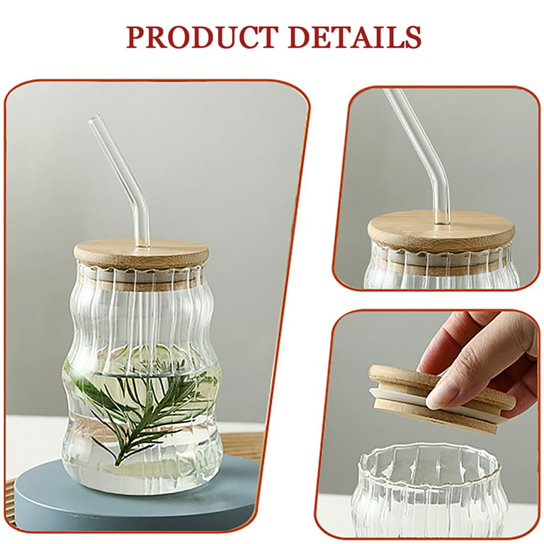 Drinking Glasses with Bamboo Lids and Glass Straw,500ml/17oz.Striped Glass  Cups, Beer Glasses, Iced Coffee Glasses, Cute Tumbler Cup, 