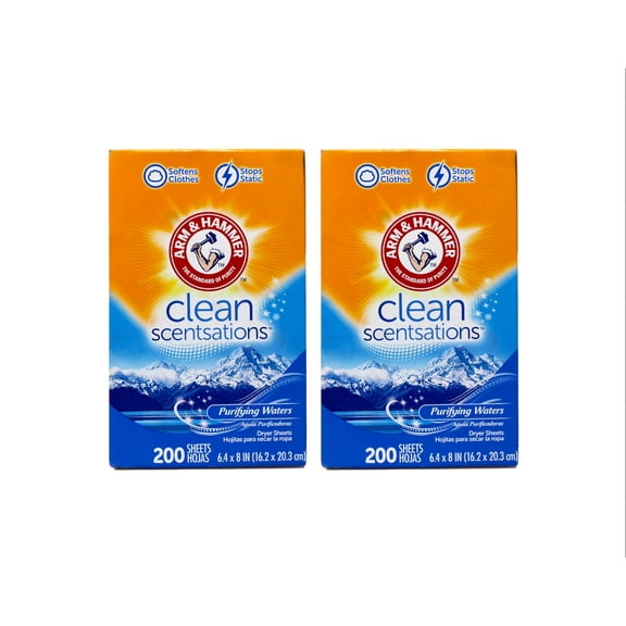 Arm & Hammer Clean Scentsations Fabric Softener Dryer Sheets, Purifying Waters Scent, 200 Count - 2 Pack