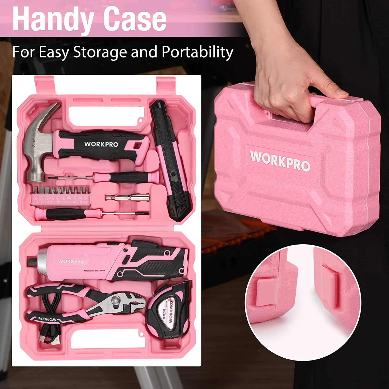 WORKPRO Pink 18-Piece Cordless Electric Screwdriver Tool Set with Rotatable Handle, LED Light, Chrome Vanadium Steel, Portable Toolbox