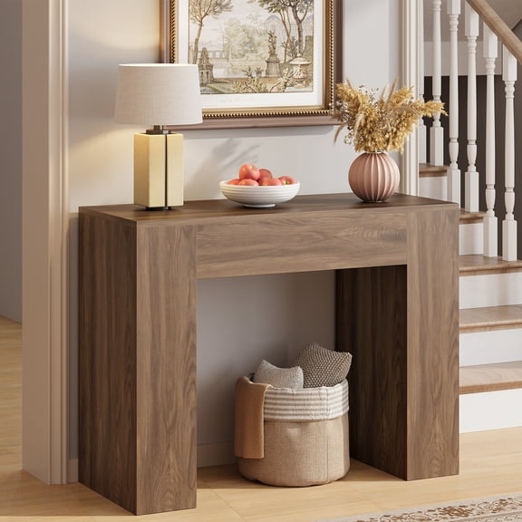 Tomnk Entryway Table, 35.4" Thick Tabletop Console Table, Narrow Sofa Table for Hallway, Foyer, Living Room, Oak