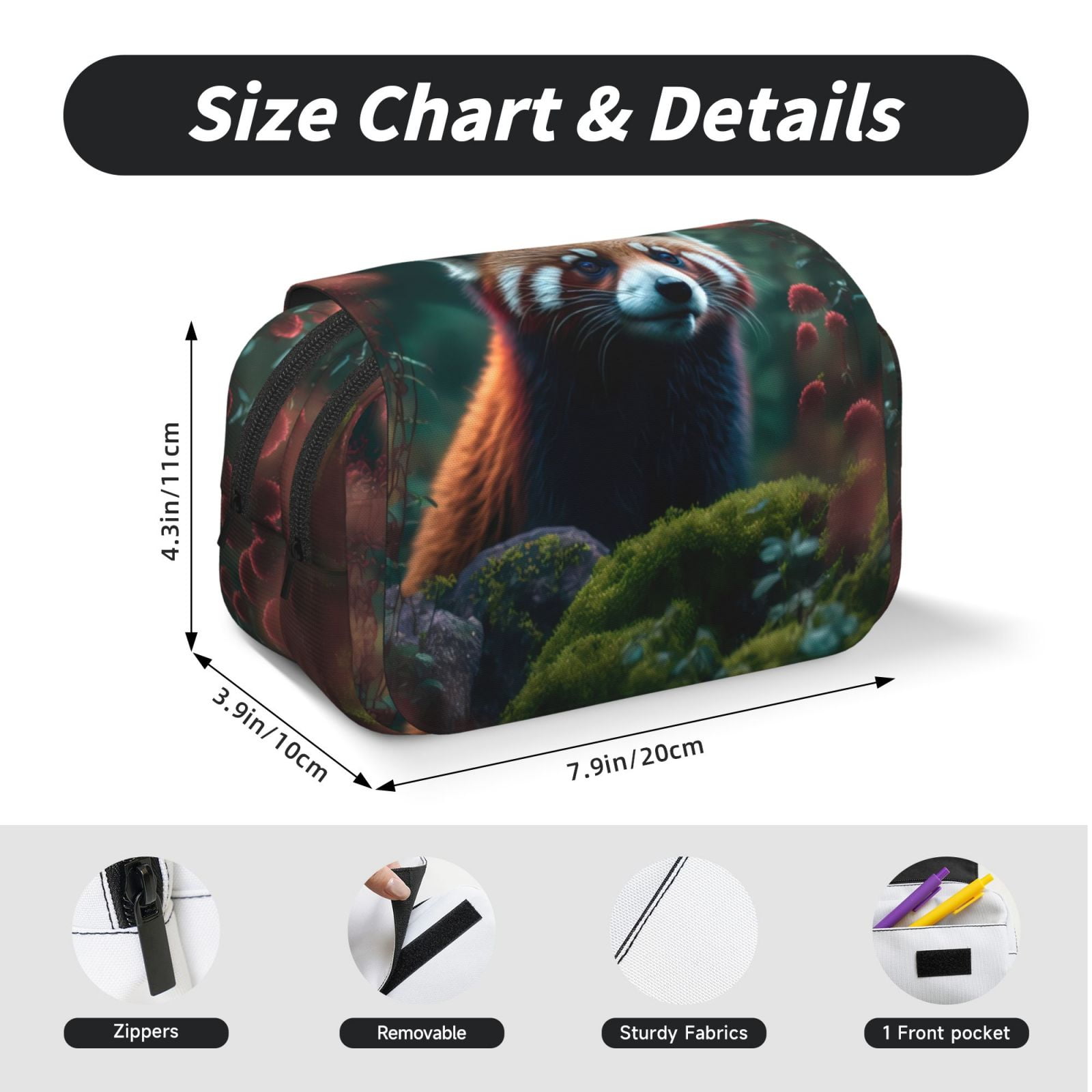 Rateoe Forest Plant Raccoon Pattern Double Clamshell Pen Case, Storage Organizer with Two Zipper Compartments– Holds Up to 50 Pencils & Pens