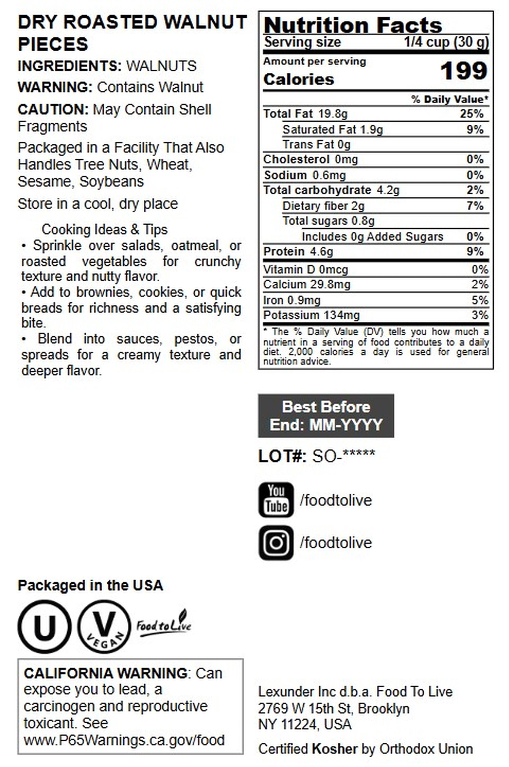 Dry Roasted Walnut Pieces, 2 Pounds – Oven Roasted, Unsalted, No Oil Added, Great Vegan Snack, Bulk