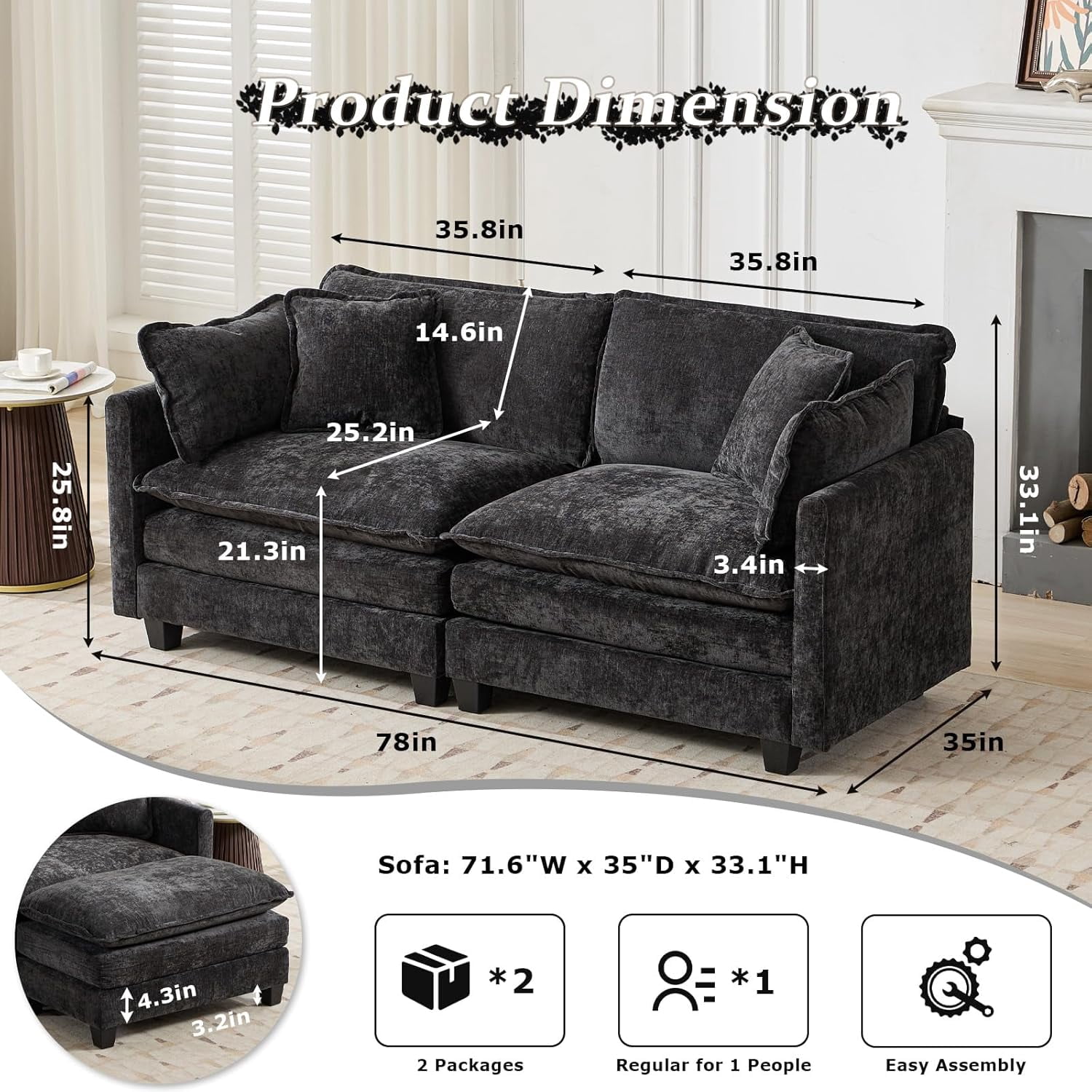 YWEN 77.95" Chenille Sectional Sofa, Comfy Modular Loveseat Sofa, Modern 2-Seat Couch Deep Seat Sofa Set for Living Room,Black