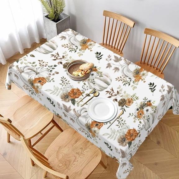 Fall Tablecloth Rectangle 60x120 Inch Watercolor Grey Pumpkins Floal Leaves Table Cloth,Stain Resistance Polyester Autumn Harvest Thanksgiving Table Covers for Kitchen Dining Party Picnic