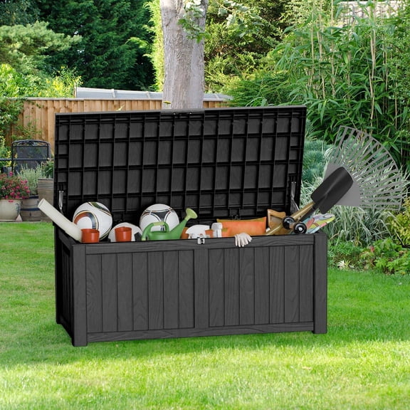 150-Gallon Waterproof Outdoor Storage Box, Lockable Resin Deck Box for Patio Furniture, Garden Tools & Pool Accessories, UV-Resistant, Black