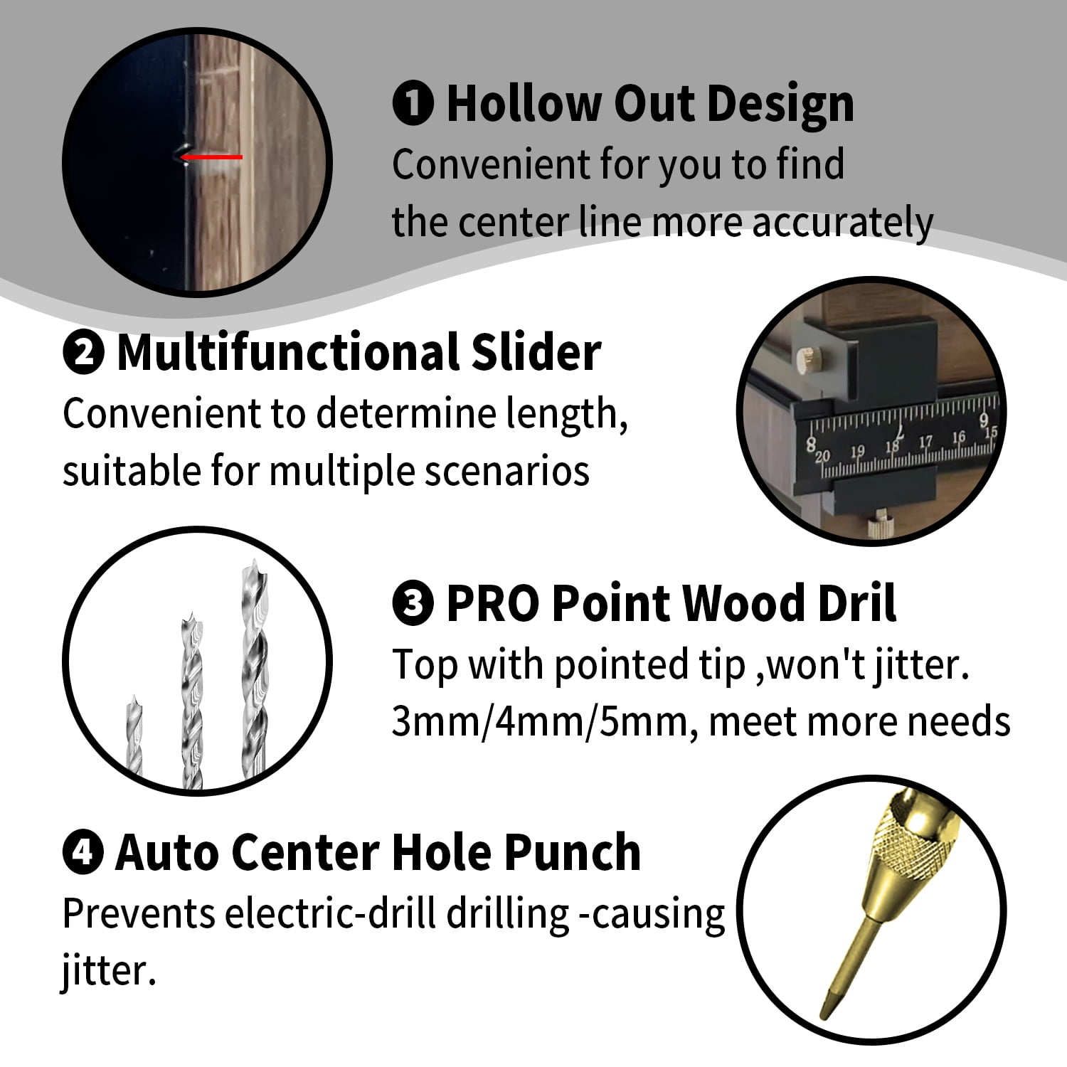King&Charles Cabinet Hardware Jig, Aluminum Alloy Cabinet Handle Jig + Auto Hole Punch + Point Drils Bits, Use for Handles Knobs Pulls on Drawers/Doors, Wood Drilling Dowelling Guide Set.