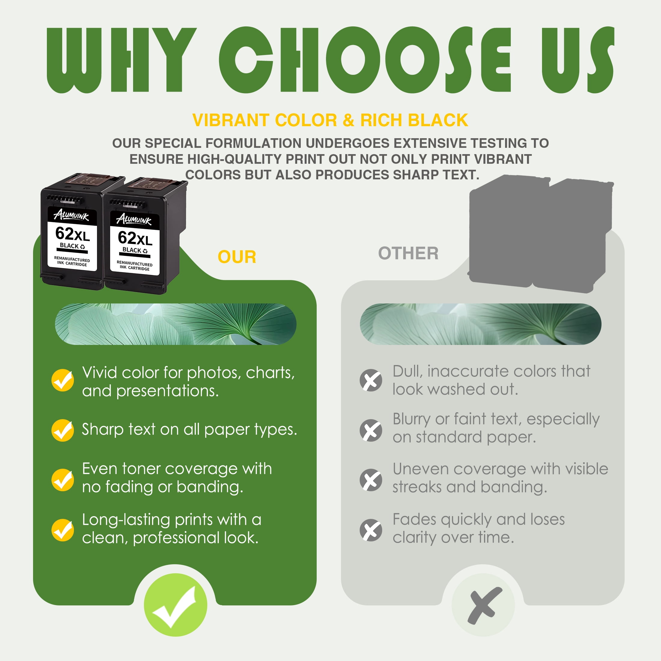 62XL Ink Cartridges 2 Pack Black Compatible for 62 Ink with Envy 7640 OfficeJet 200 Printer