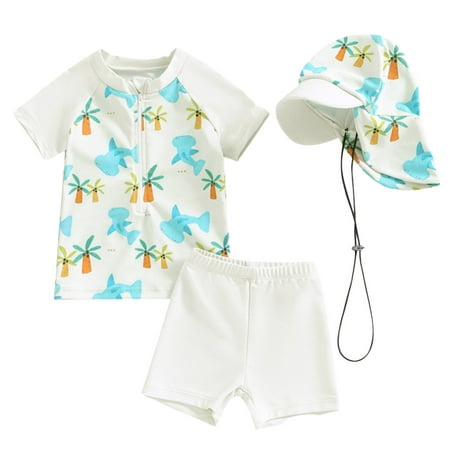 Toimothcn Swimsuit For Girls Short Sleeve Cute Cartoon Shark Printed 3 Piece Bikini Set Quickly Dry Cover Up Swimwear 0-6 Months