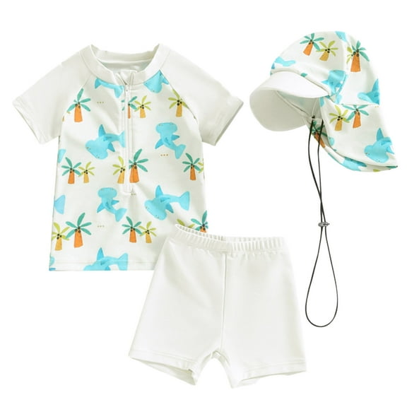 Baby Boy Swimsuit Toddler Coconut Tree Whale Print Swimsuit Boys Short Sleeve Rash Guard Bathing Suits 3Pcs Outfit Bathing Suits for Teens White 6 Months-12 Months