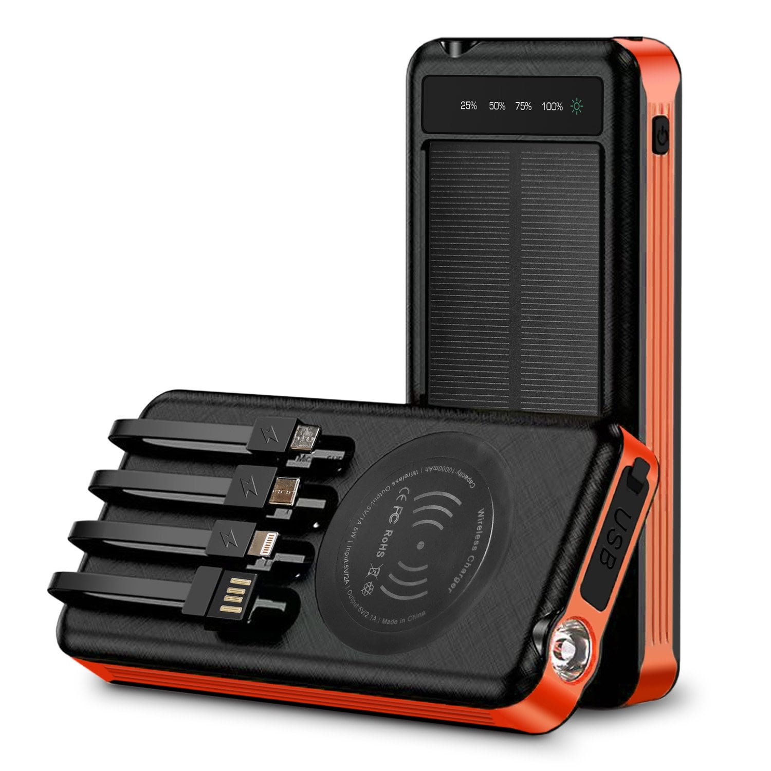Alpha Digital 10000mAh Solar Power Bank with Wireless Charging and Built-in Cables Orange